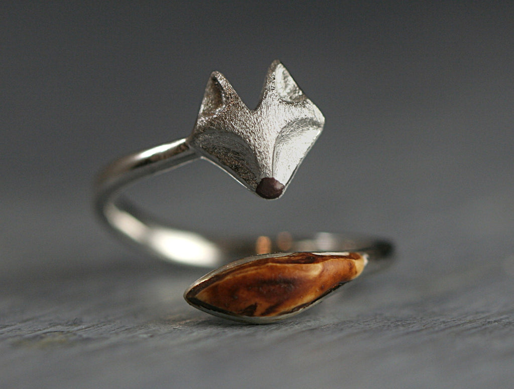 Sterling and oak wood wrap fox ring. Adjustable silver ring with fox face and wooden tail. 925 Sterling silver fox jewelry for her..