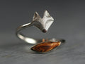 Sterling and oak wood wrap fox ring. Adjustable silver ring with fox face and wooden tail. 925 Sterling silver fox jewelry for her..