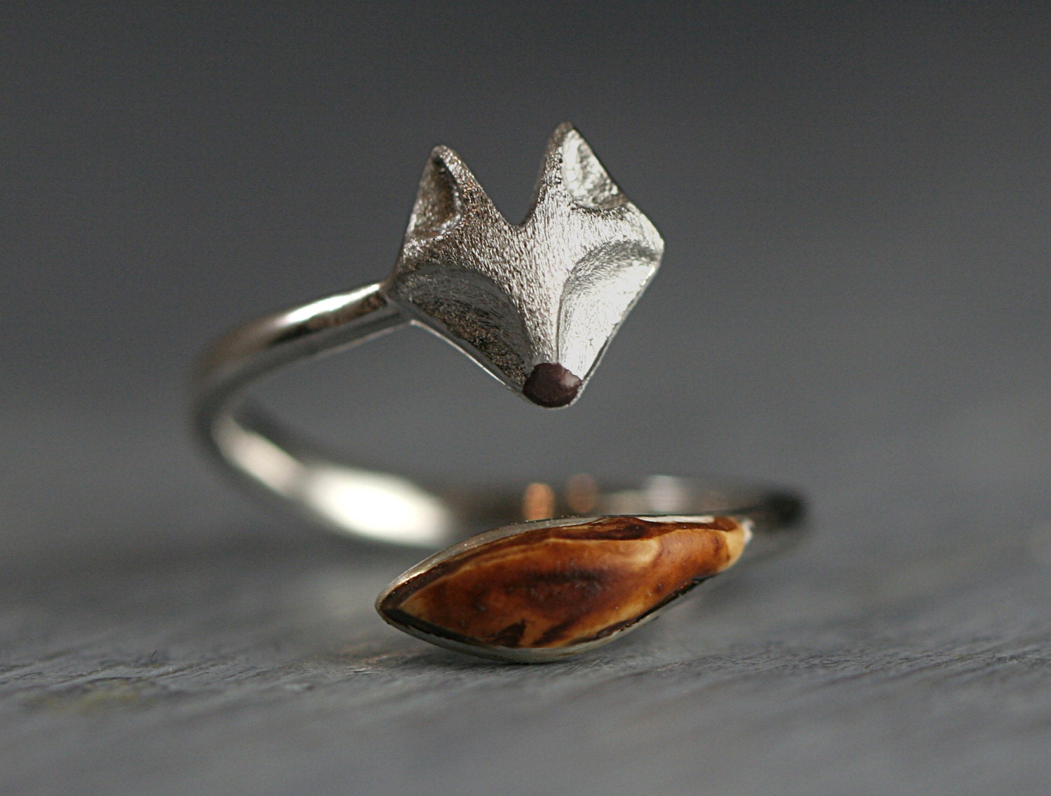 Sterling and oak wood wrap fox ring. Adjustable silver ring with fox face and wooden tail. 925 Sterling silver fox jewelry for her..