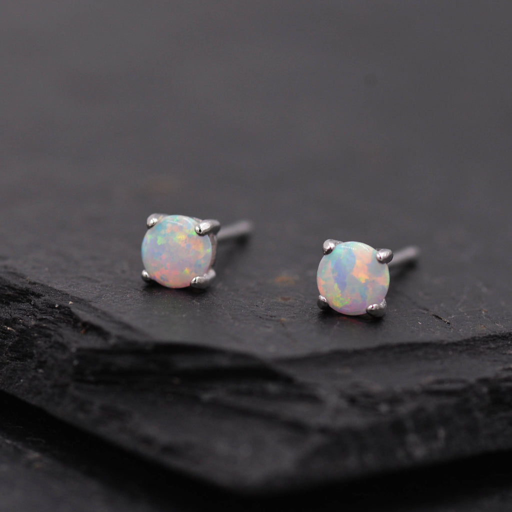 Minimalist Opal Stud Earrings in Sterling Silver, Simulated White Opal, Tiny Circle Dot Jewellery