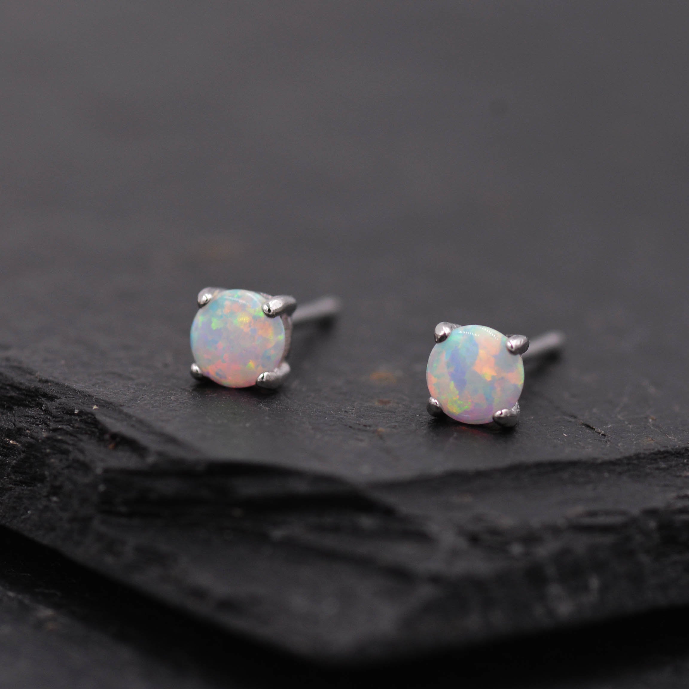 Minimalist Opal Stud Earrings in Sterling Silver, Simulated White Opal, Tiny Circle Dot Jewellery