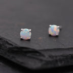 Minimalist Opal Stud Earrings in Sterling Silver, Simulated White Opal, Tiny Circle Dot Jewellery