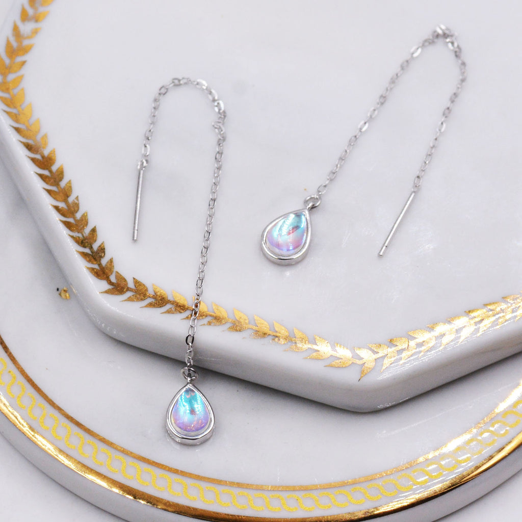 Sterling Silver Droplet Ear Threader Earrings, Available in 2 sizes, Aurora Moonstone Drop Earrings, Geometric Minimalist Jewellery