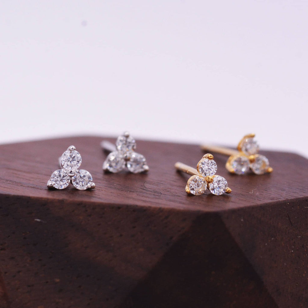 Very Tiny Three Dot Trio Stud Earrings in Sterling Silver with Sparkly CZ Crystals, Simple and Minimalist, Geometric and Discreet