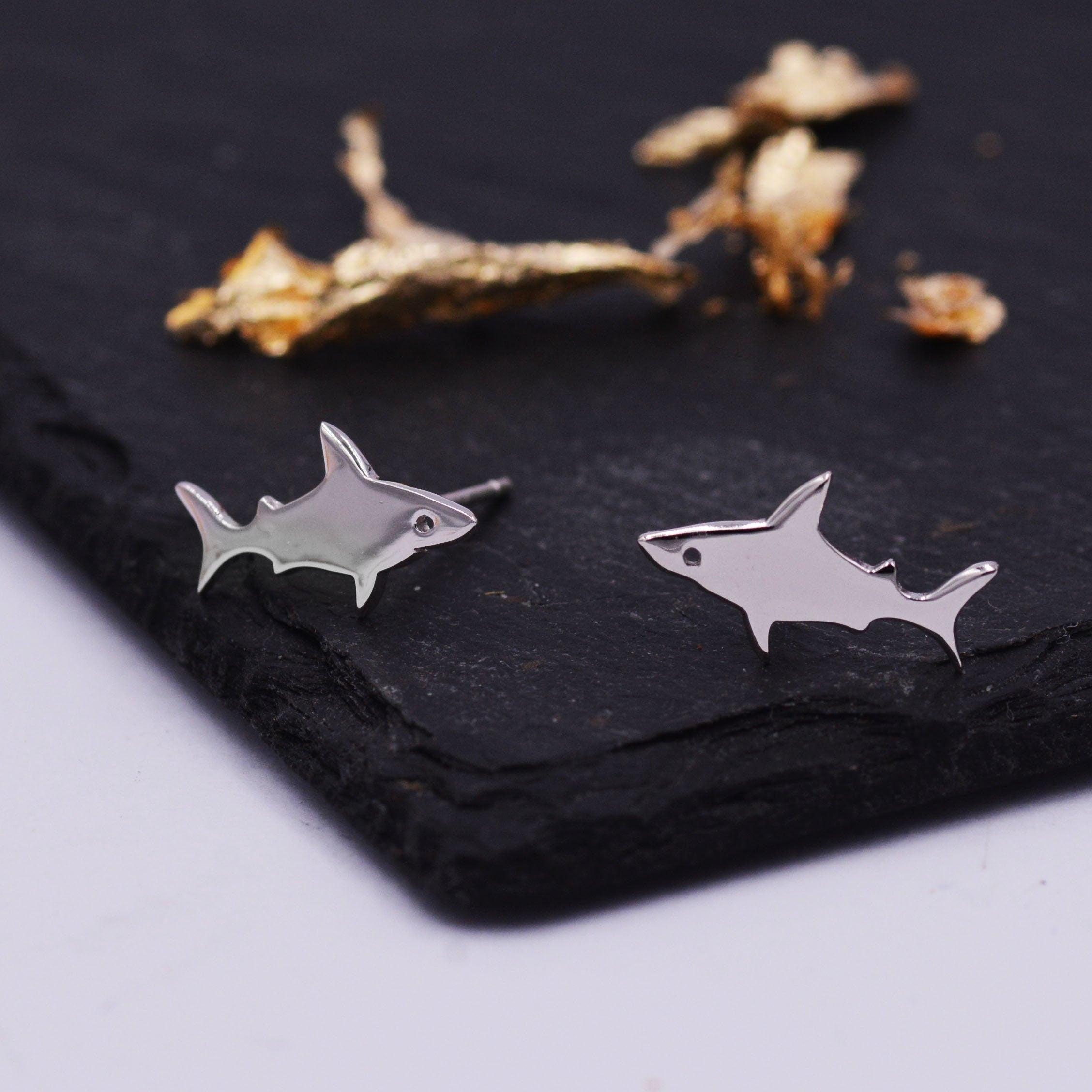 Shark Fish Stud Earrings in Sterling Silver,  Cute Fun Quirky, Jewellery Gift for Her, Animal Lover, Nature Inspired, Nautical Fish   L16