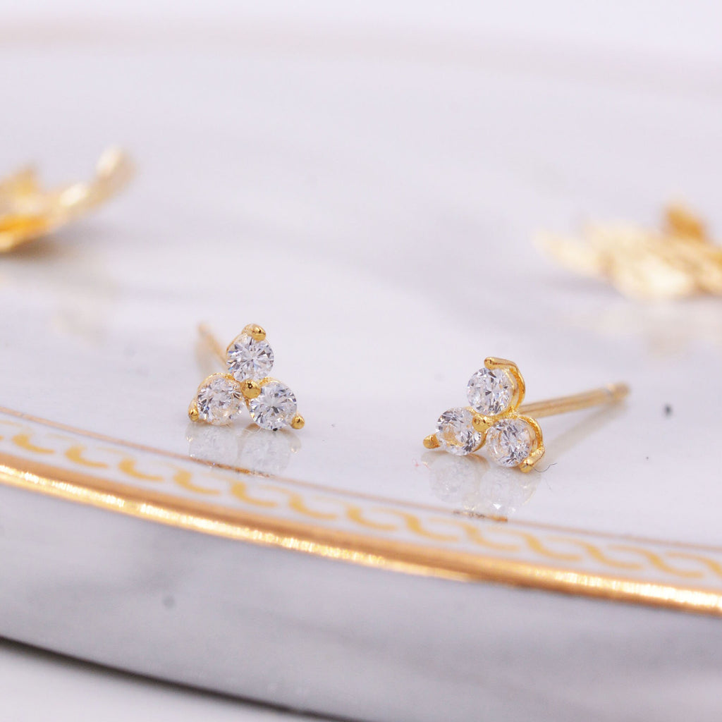 Very Tiny Three Dot Trio Stud Earrings in Sterling Silver with Sparkly CZ Crystals, Simple and Minimalist, Geometric and Discreet