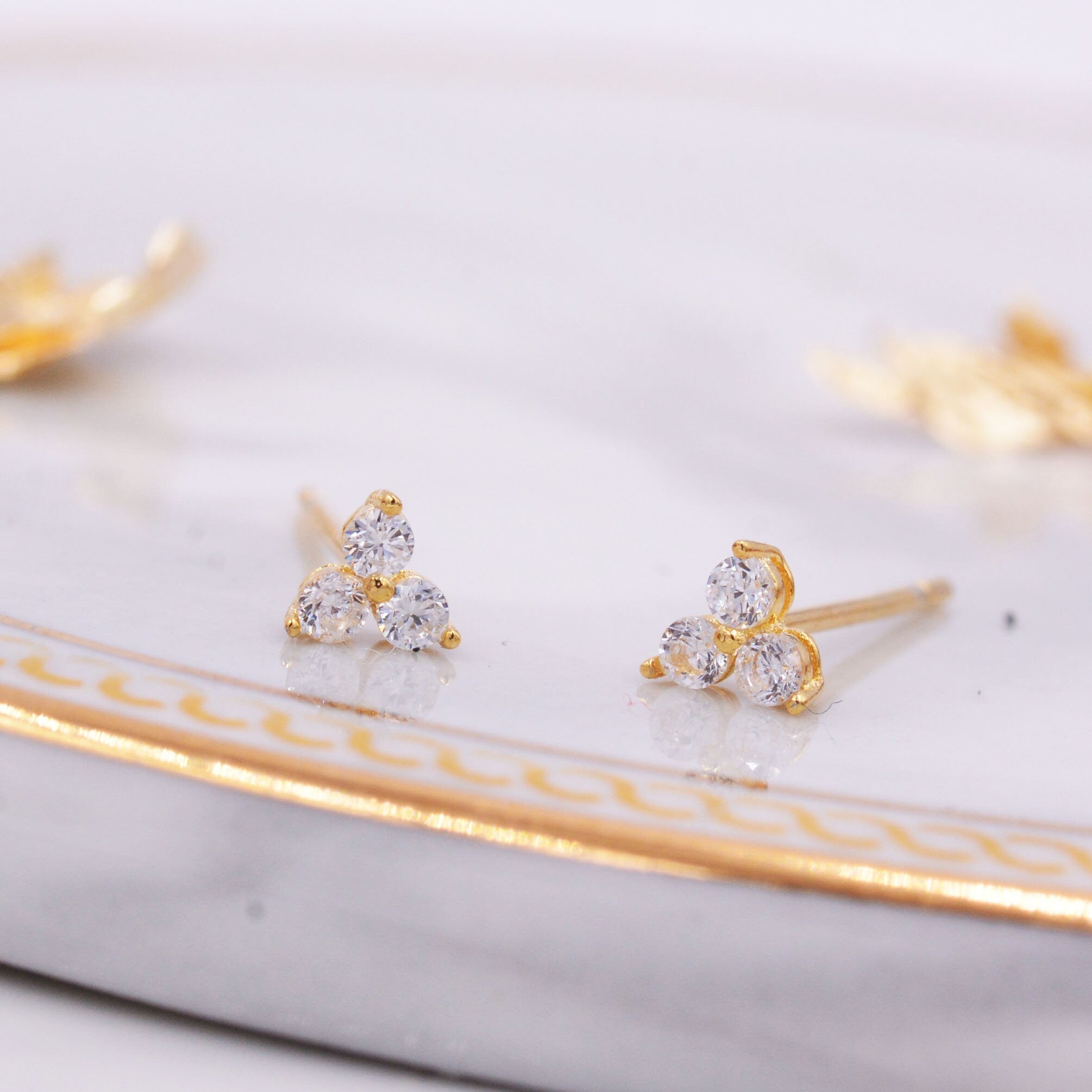 Very Tiny Three Dot Trio Stud Earrings in Sterling Silver with Sparkly CZ Crystals, Simple and Minimalist, Geometric and Discreet