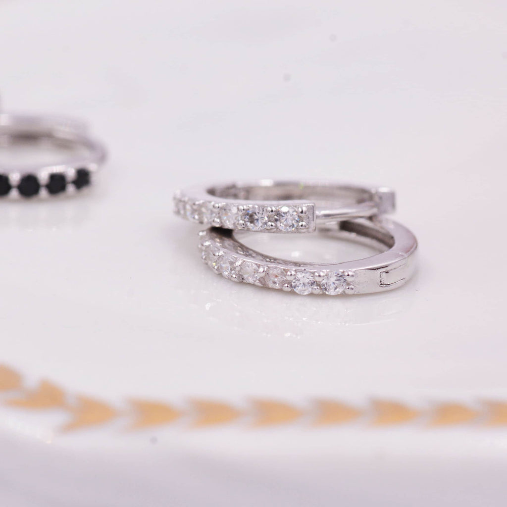Pair of Minimalist Two-Way Huggie Hoop Earrings in Sterling Silver with Sparkling CZ Crystals, Two Sizes Available, Simple Hoop Earrings