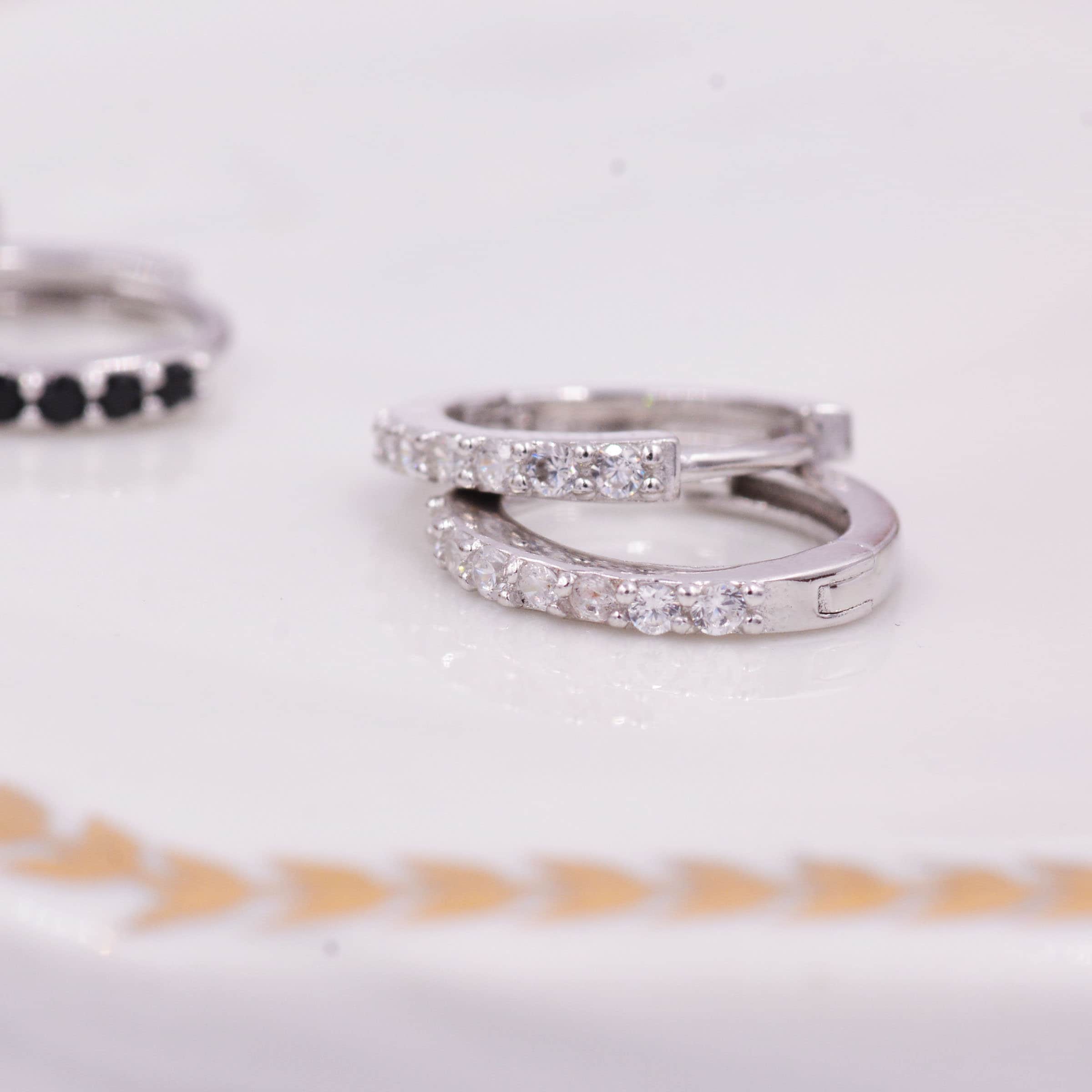 Pair of Minimalist Two-Way Huggie Hoop Earrings in Sterling Silver with Sparkling CZ Crystals, Two Sizes Available, Simple Hoop Earrings