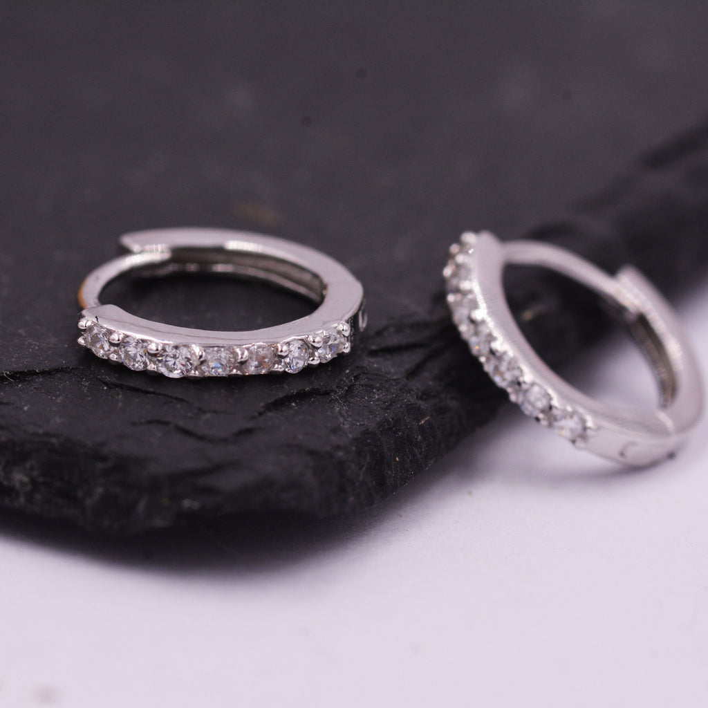Pair of Minimalist Two-Way Huggie Hoop Earrings in Sterling Silver with Sparkling CZ Crystals, Two Sizes Available, Simple Hoop Earrings