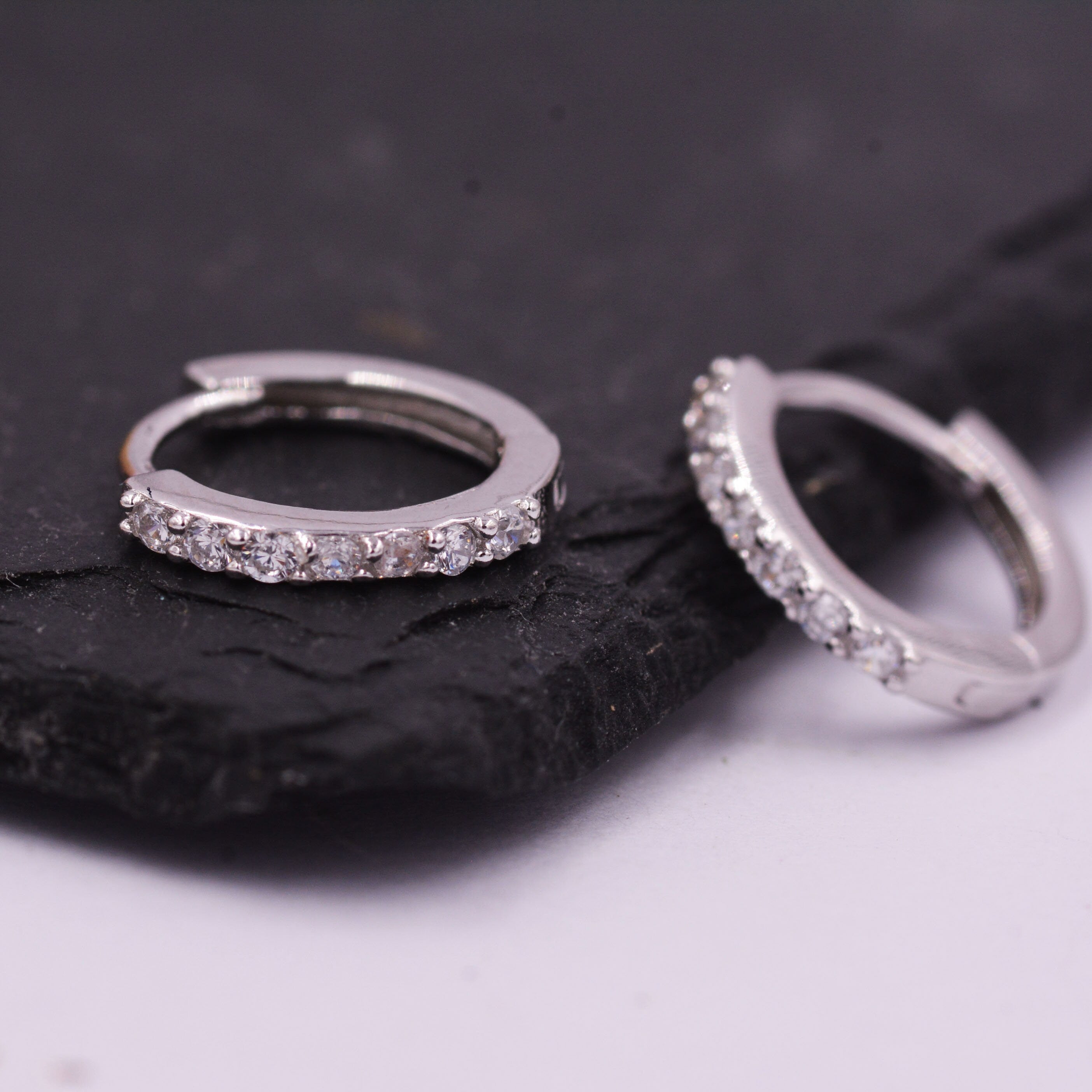 Pair of Minimalist Two-Way Huggie Hoop Earrings in Sterling Silver with Sparkling CZ Crystals, Two Sizes Available, Simple Hoop Earrings