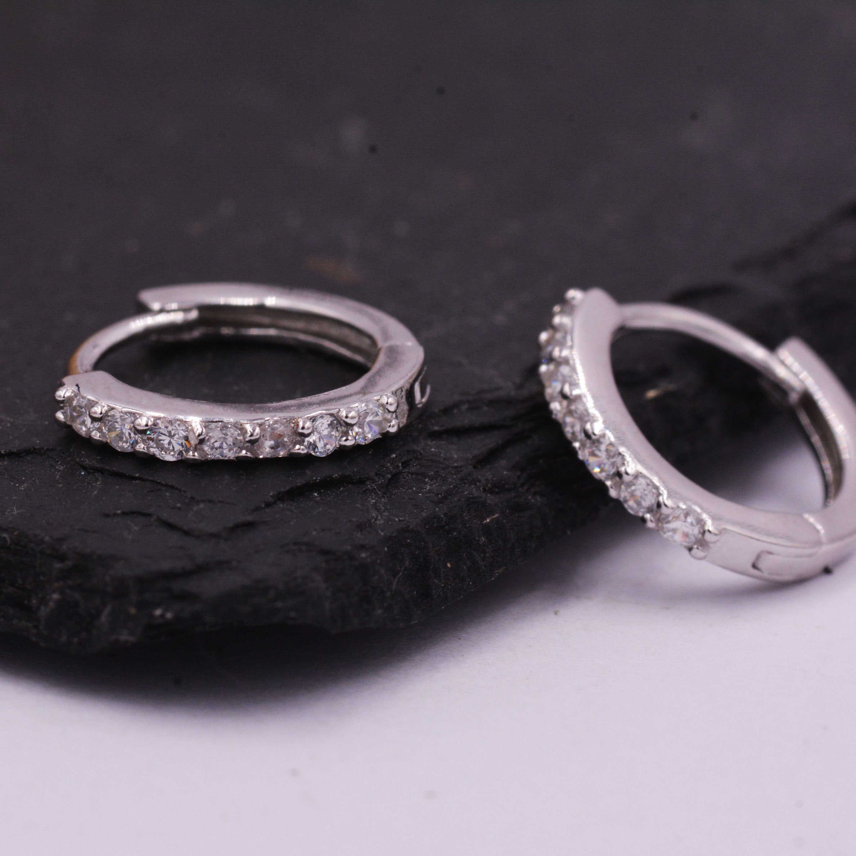 Pair of Minimalist Two-Way Huggie Hoop Earrings in Sterling Silver with Sparkling CZ Crystals, Two Sizes Available, Simple Hoop Earrings