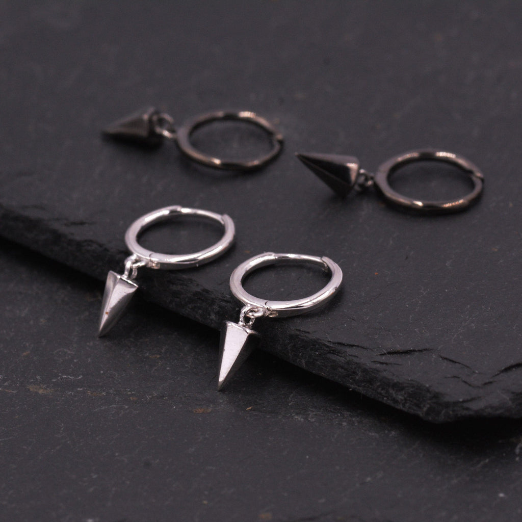 Dangling Spike Dagger Huggie Hoop Earrings in Sterling Silver, Dangle Hoop Earrings, Black Rhodium and Silver, Dainty  Jewellery