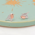 Robin Stud Earrings in Sterling Silver, Silver Bird Earrings, Silver and Rose Gold, Nature Inspired