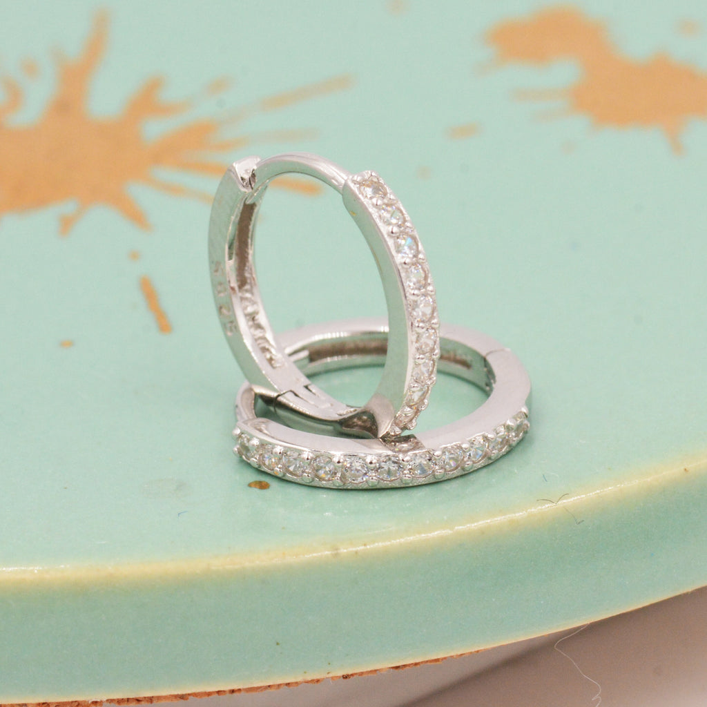 Pair of Minimalist Two-Way Huggie Hoop Earrings in Sterling Silver with Sparkling CZ Crystals, Two Sizes Available, Simple Hoop Earrings