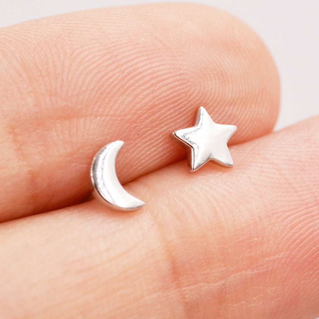 Tiny Crescent Moon and Star Mismatched Asymmetric Stud Earrings in Sterling Silver, Cute Fun and Quirky