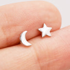 Tiny Crescent Moon and Star Mismatched Asymmetric Stud Earrings in Sterling Silver, Cute Fun and Quirky