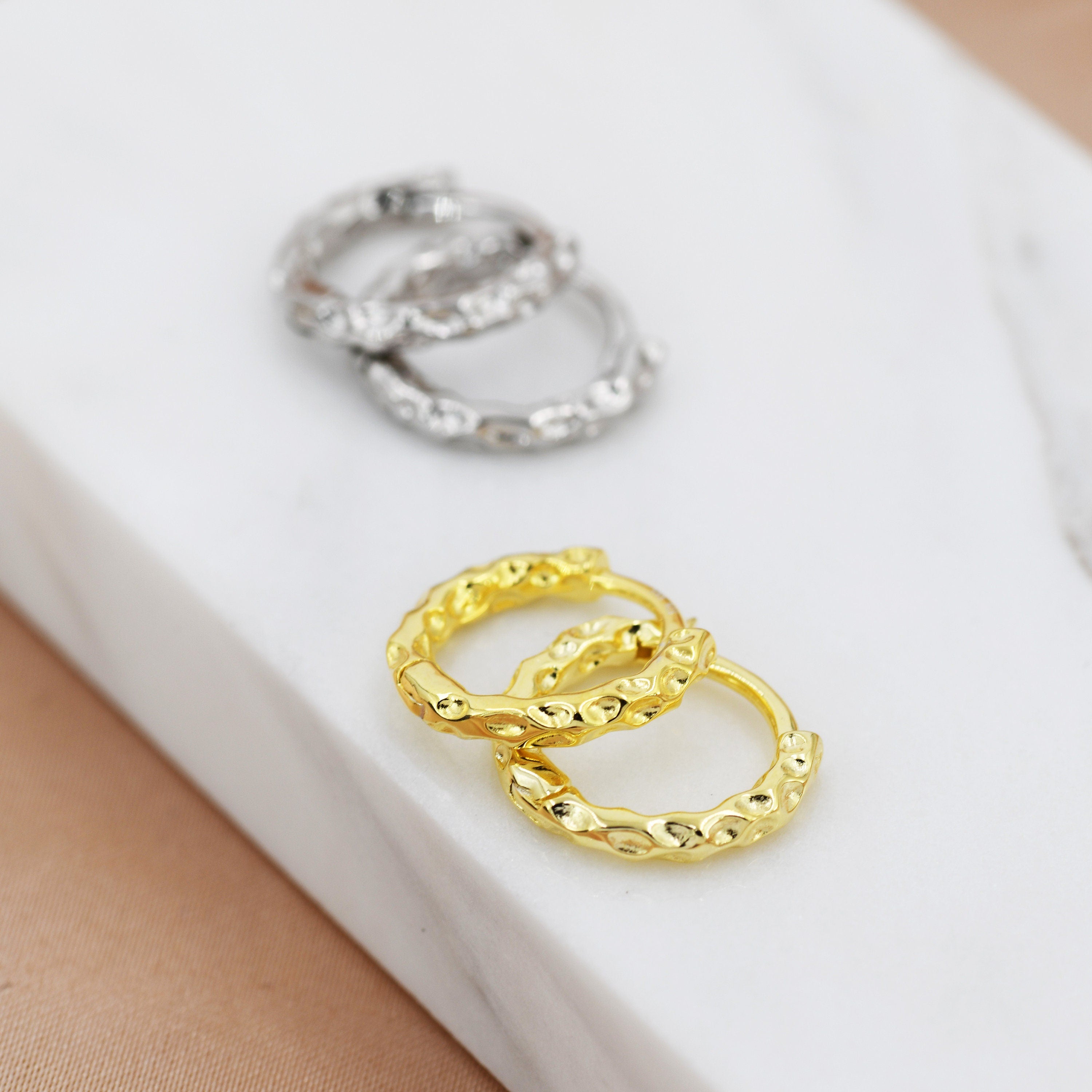 Hammered Huggie Hoop in Sterling Silver, Silver or Gold, 8mm and 10mm Two Sizes, Organic Shape Hoops