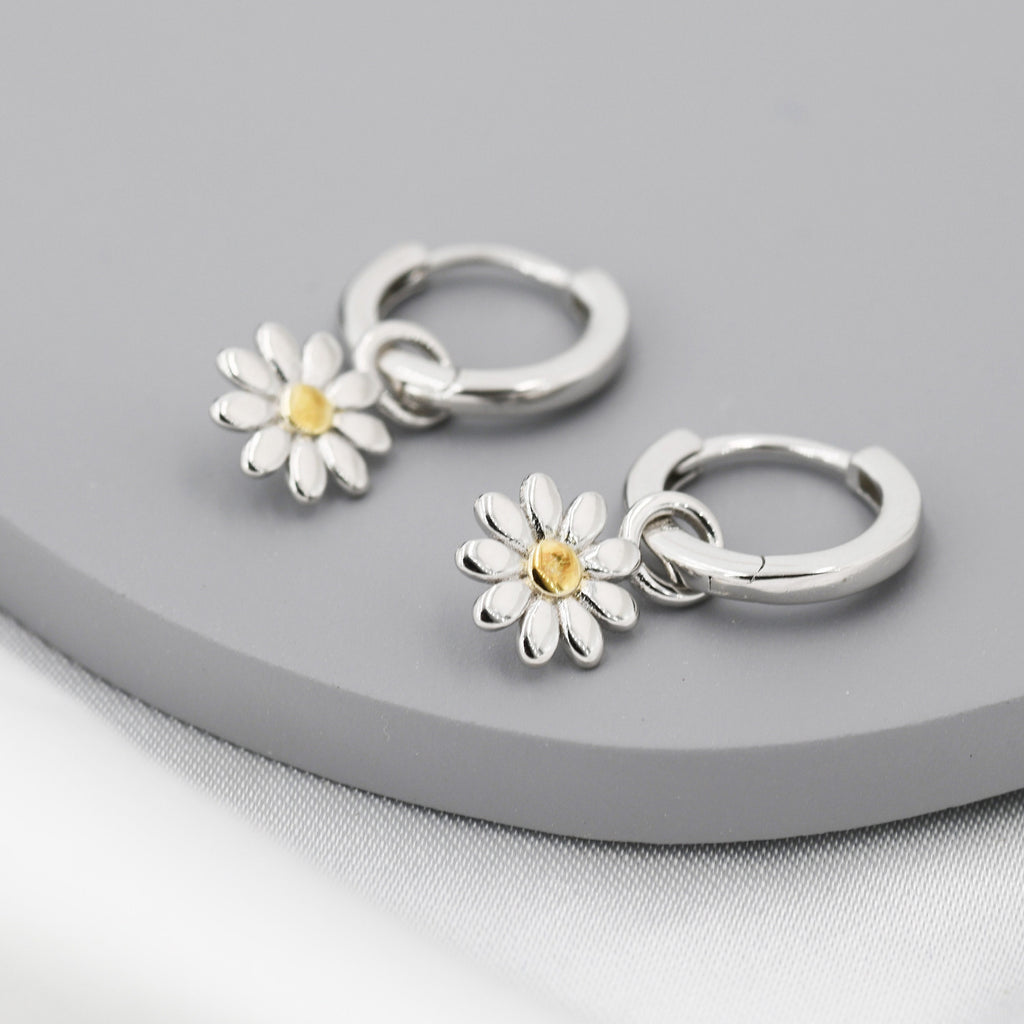 Little Daisy Flower Charmed Hoop Earrings in Sterling Silver