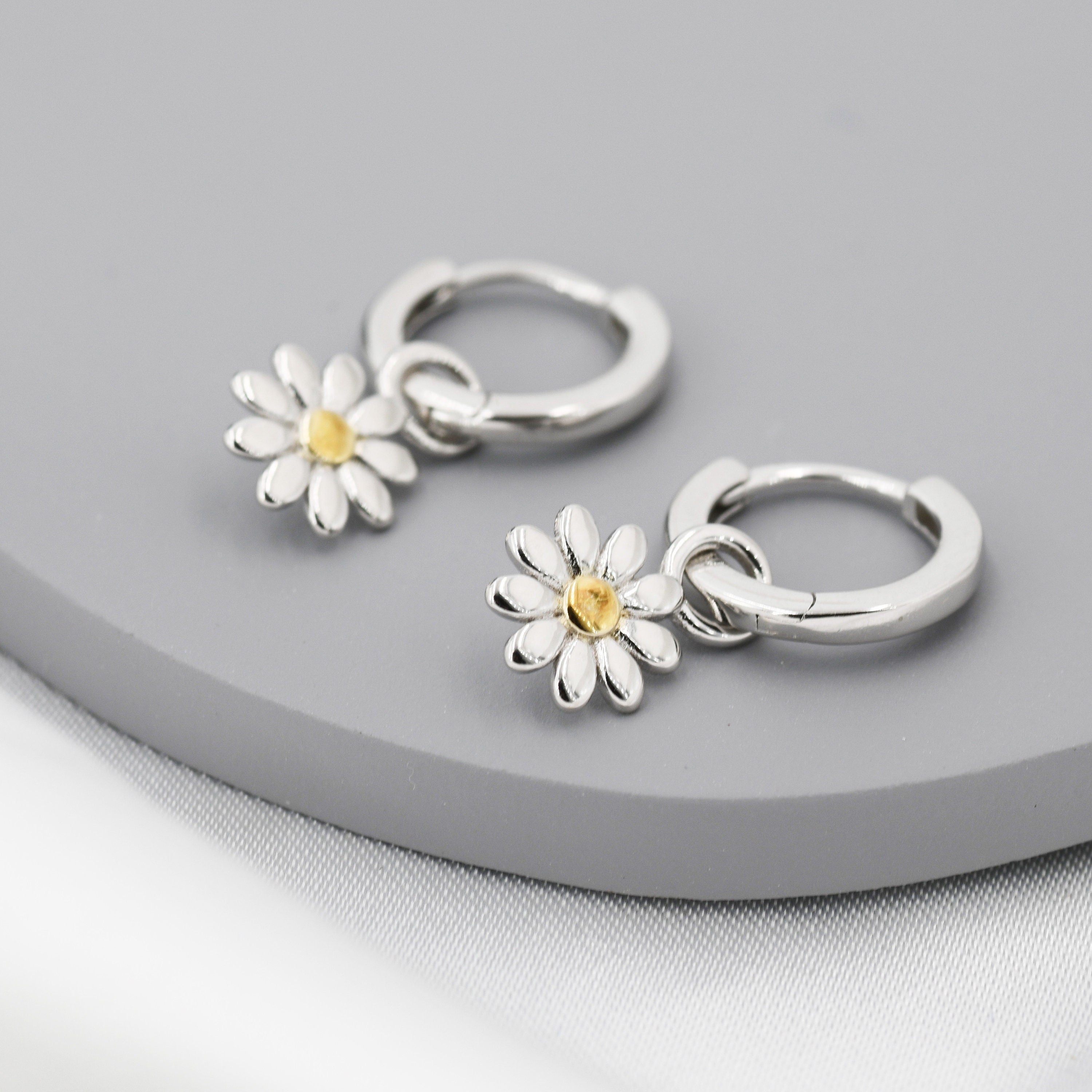 Little Daisy Flower Charmed Hoop Earrings in Sterling Silver