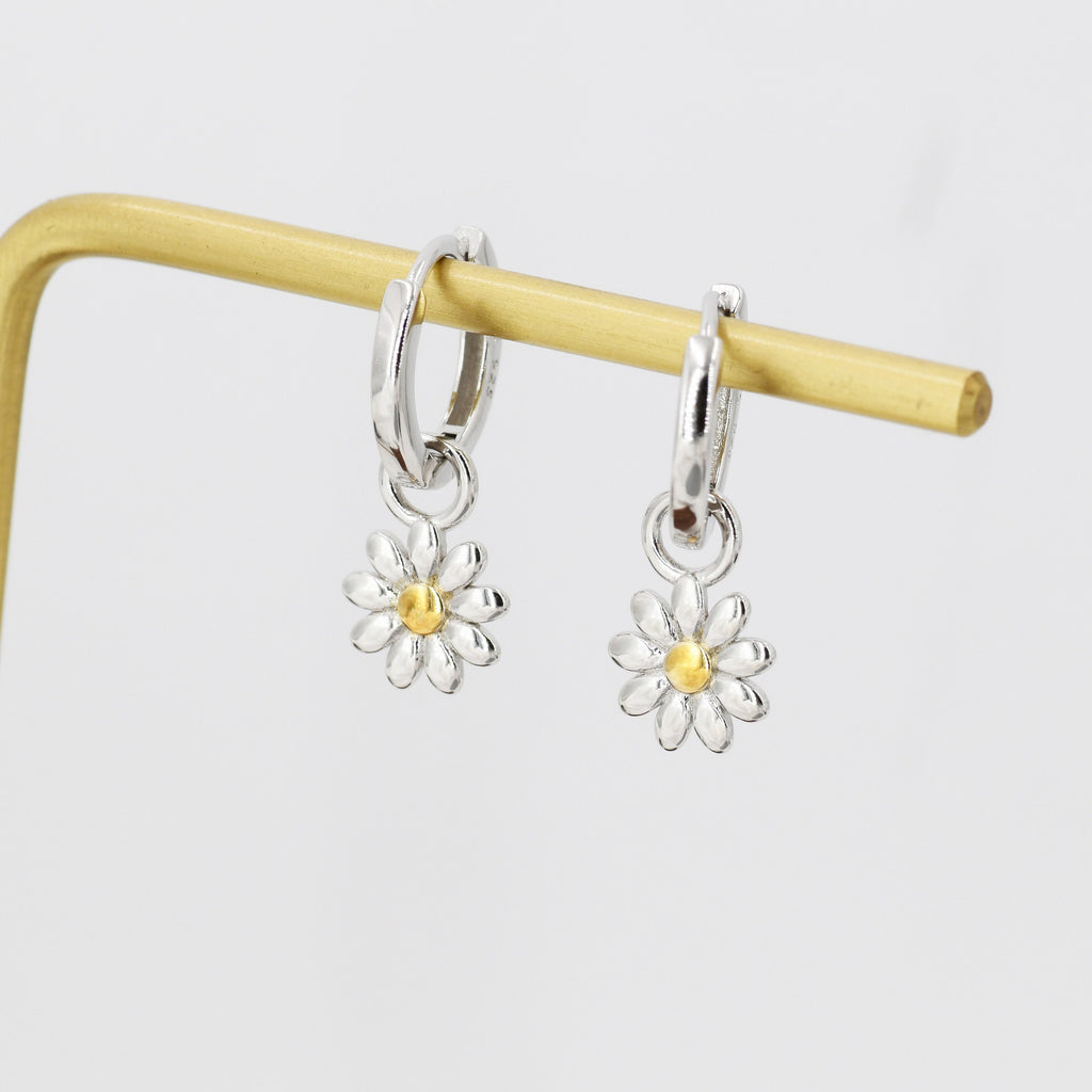 Little Daisy Flower Charmed Hoop Earrings in Sterling Silver