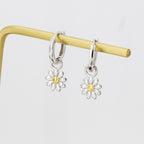 Little Daisy Flower Charmed Hoop Earrings in Sterling Silver