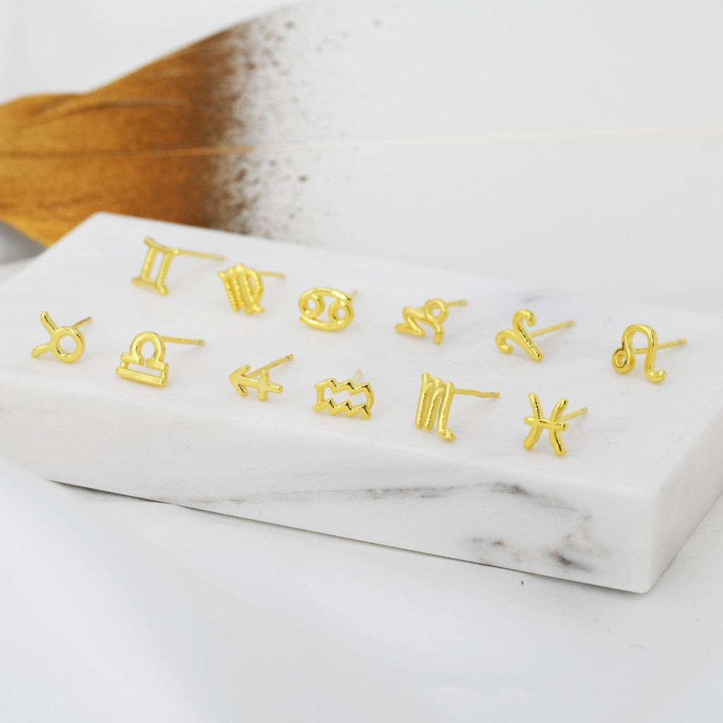 Pair of Zodiac Stud Earring in Sterling Silver, Silver or Gold, Horoscope  Earrings