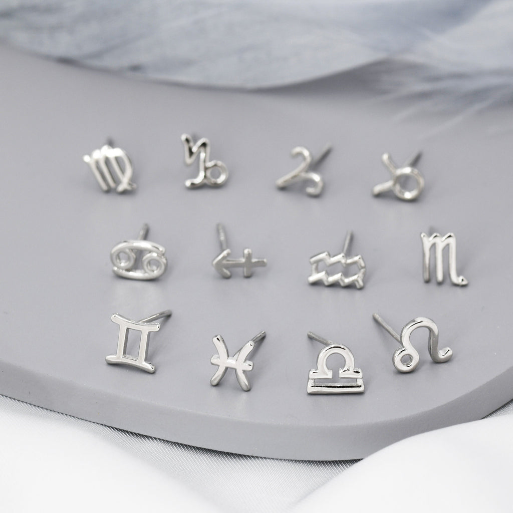 Pair of Zodiac Stud Earring in Sterling Silver, Silver or Gold, Horoscope  Earrings