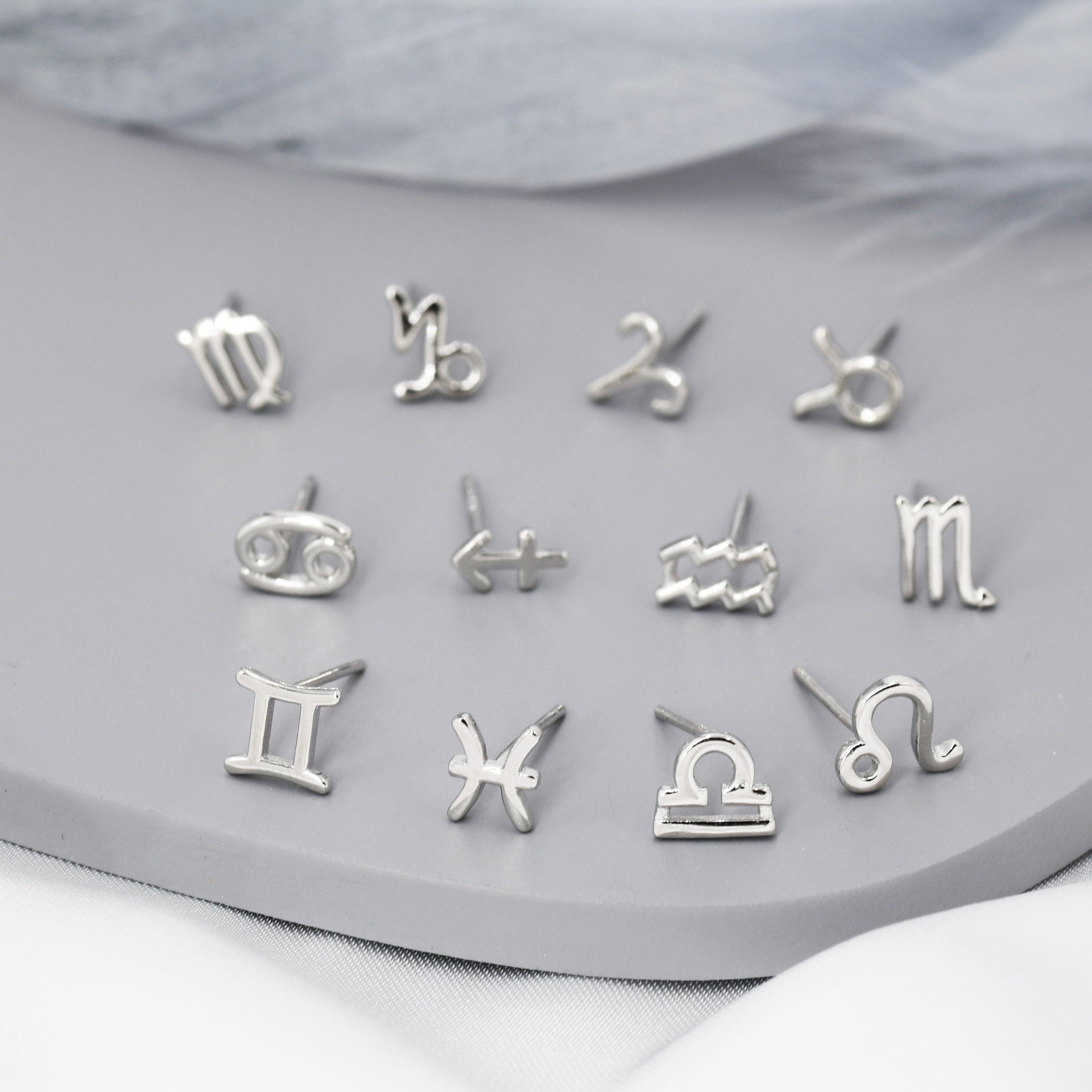 Pair of Zodiac Stud Earring in Sterling Silver, Silver or Gold, Horoscope  Earrings