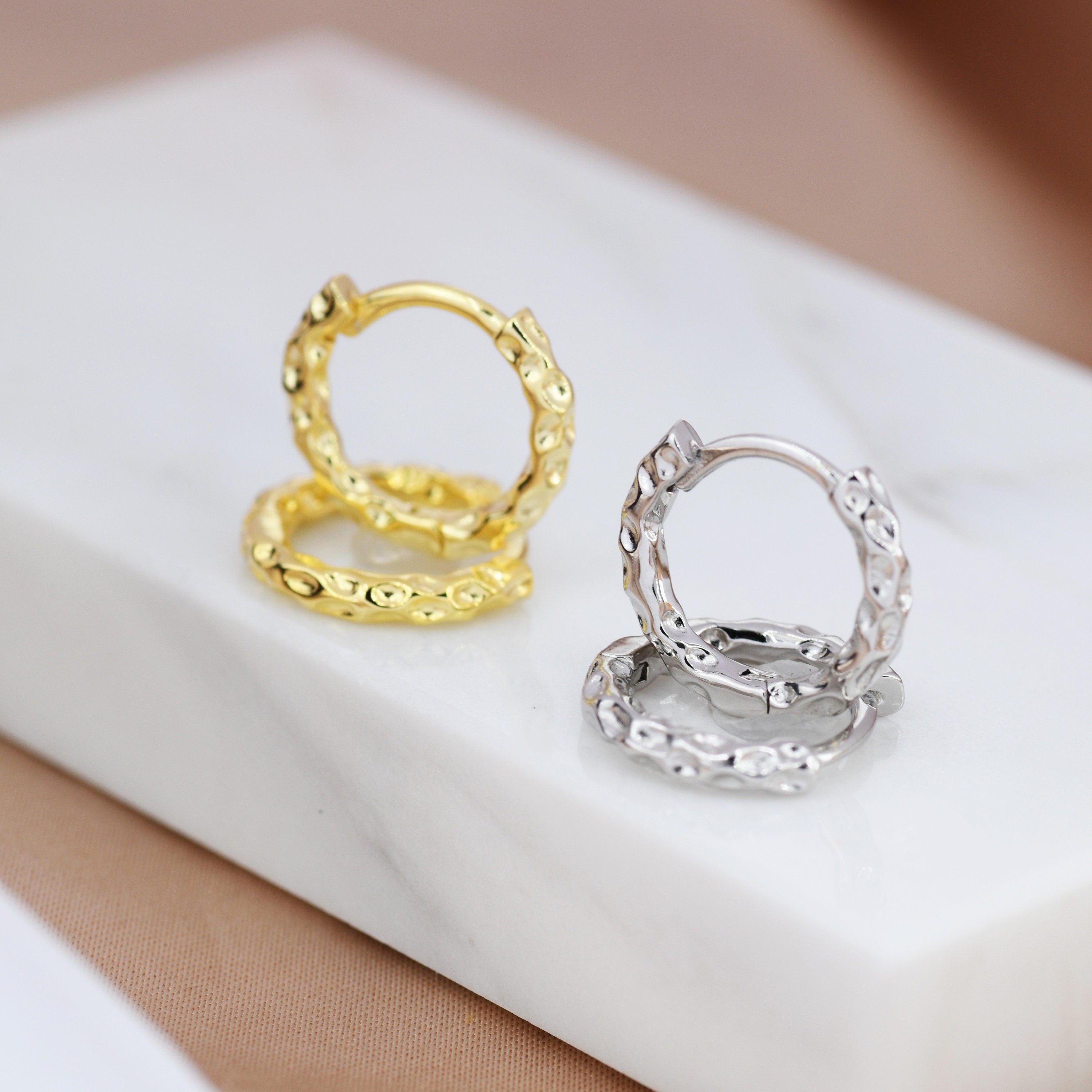 Hammered Huggie Hoop in Sterling Silver, Silver or Gold, 8mm and 10mm Two Sizes, Organic Shape Hoops