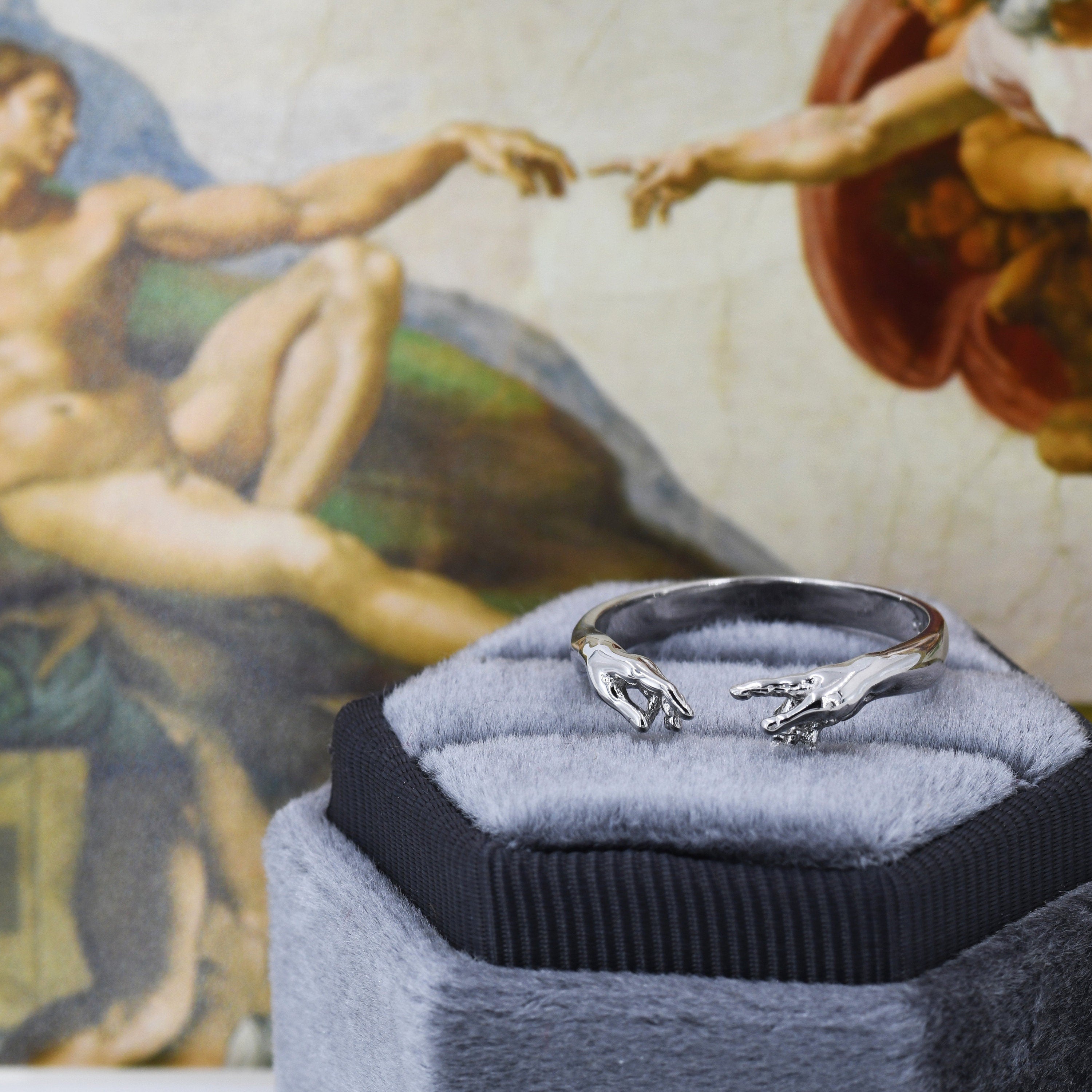 Sterling Silver Hand Ring, Adjustable Sized Ring, Creation of Adam Ring,  US 5