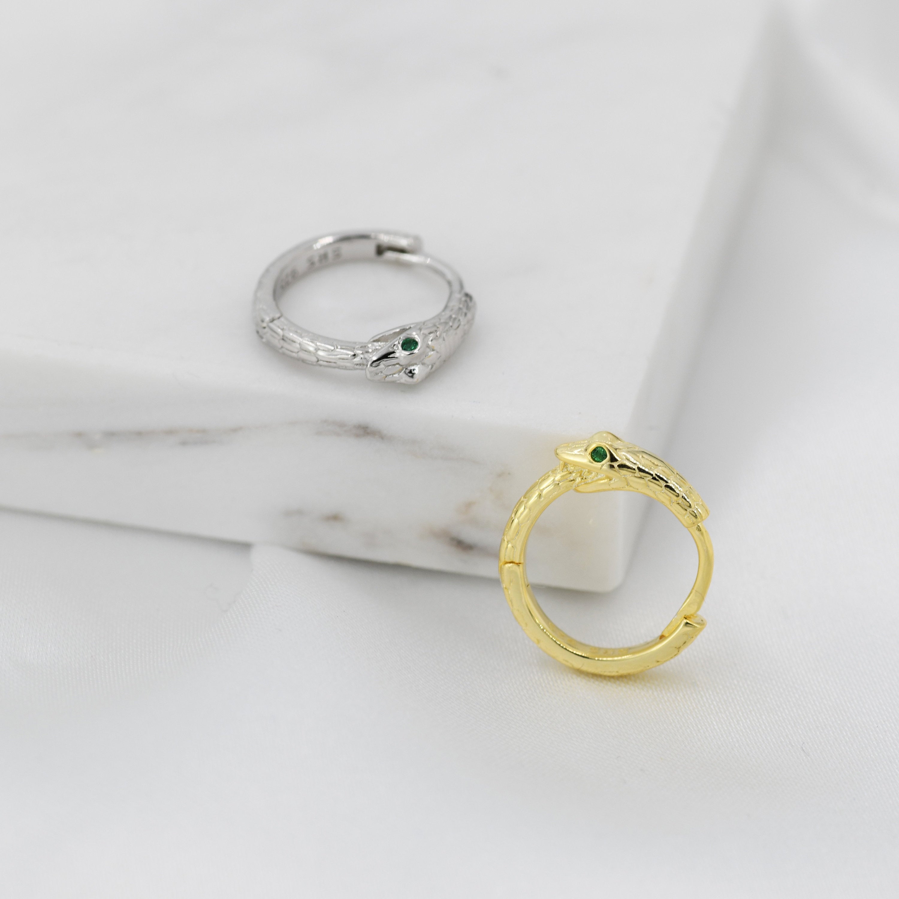 Snake Huggie Hoop in Sterling Silver, Silver or Gold,  10mm Inner Diameter, Ouroboros Hoop Earrings, Serpent Earrings