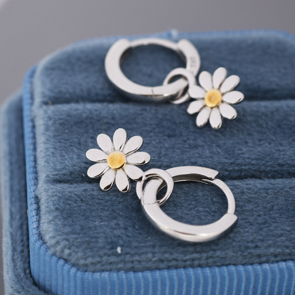 Little Daisy Flower Charmed Hoop Earrings in Sterling Silver