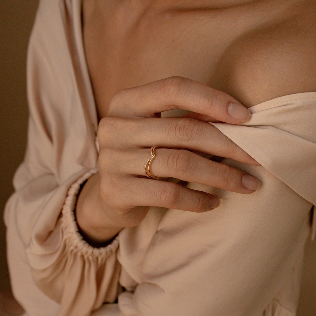 Curve Ring Set by CaitlynMinimalist • Set of 2: Diamond Chevron Ring, Thin Gold Minimalist Ring for Stacking • Gift for Her • RR037