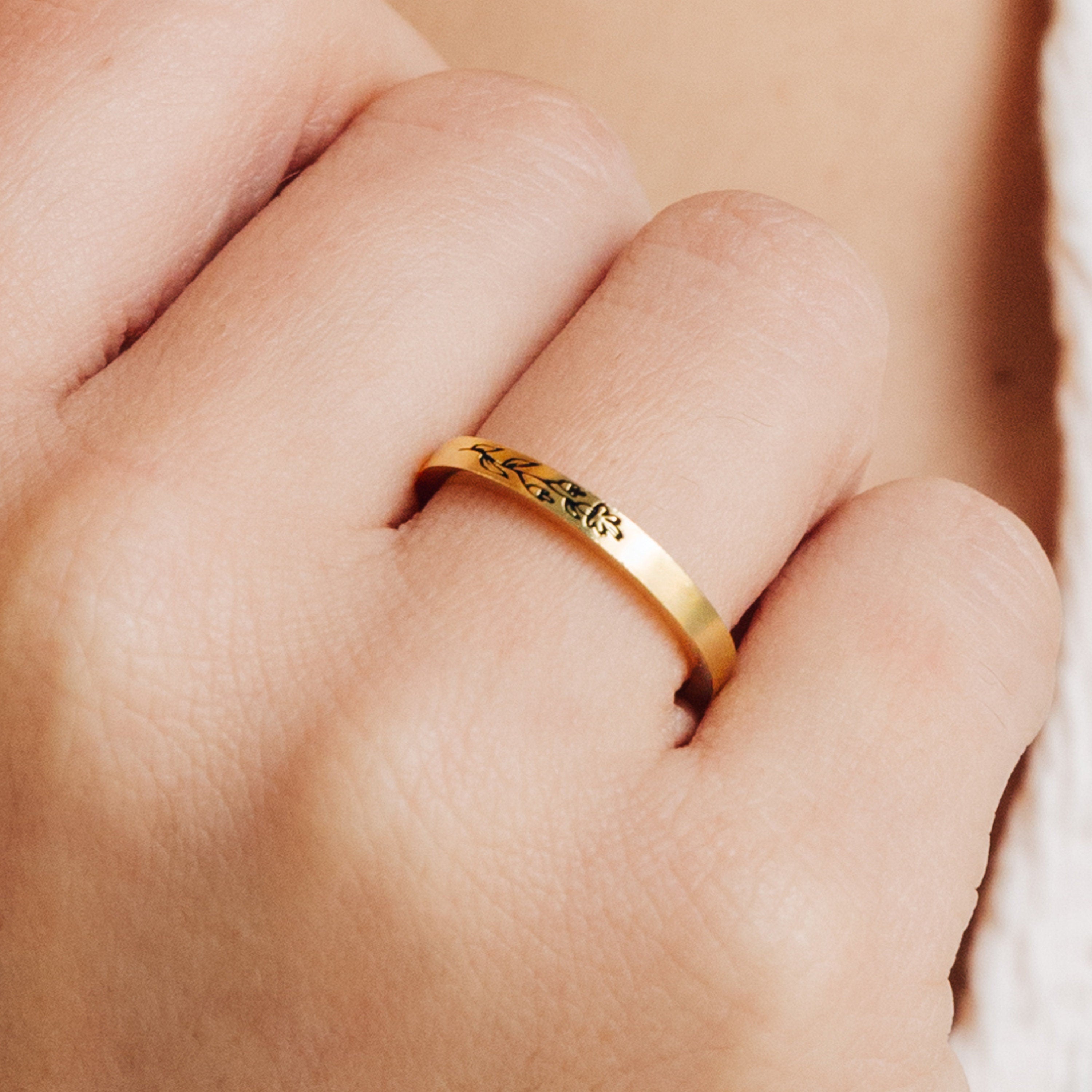 Thin Custom Ring with Engraved Flowers by Caitlyn Minimalist • Handmade Floral Friendship Ring • Personalized Birthday Gifts • RM22F93