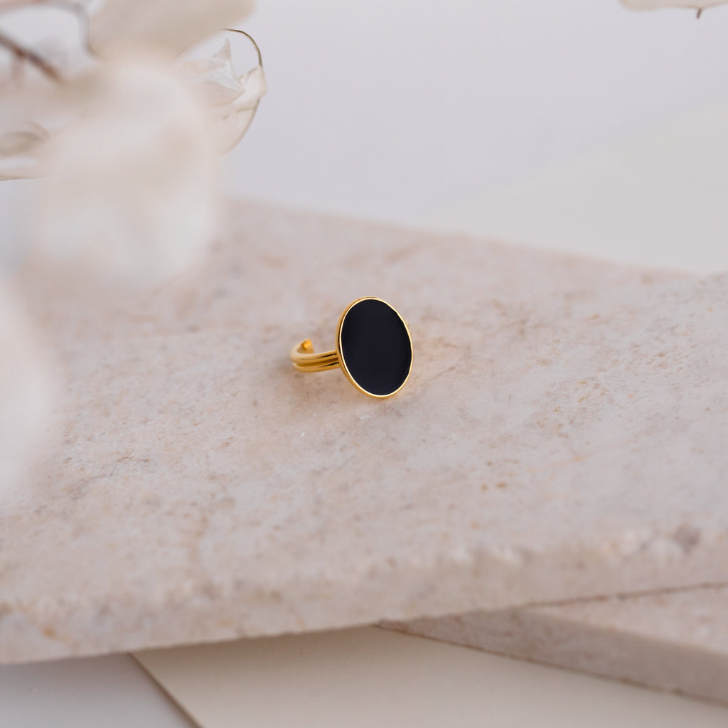 Midnight Hour Onyx Oval Ring by Caitlyn Minimalist • Vintage Inspired Black Stone Ring with Adjustable Band • Grandma Gift • RR063