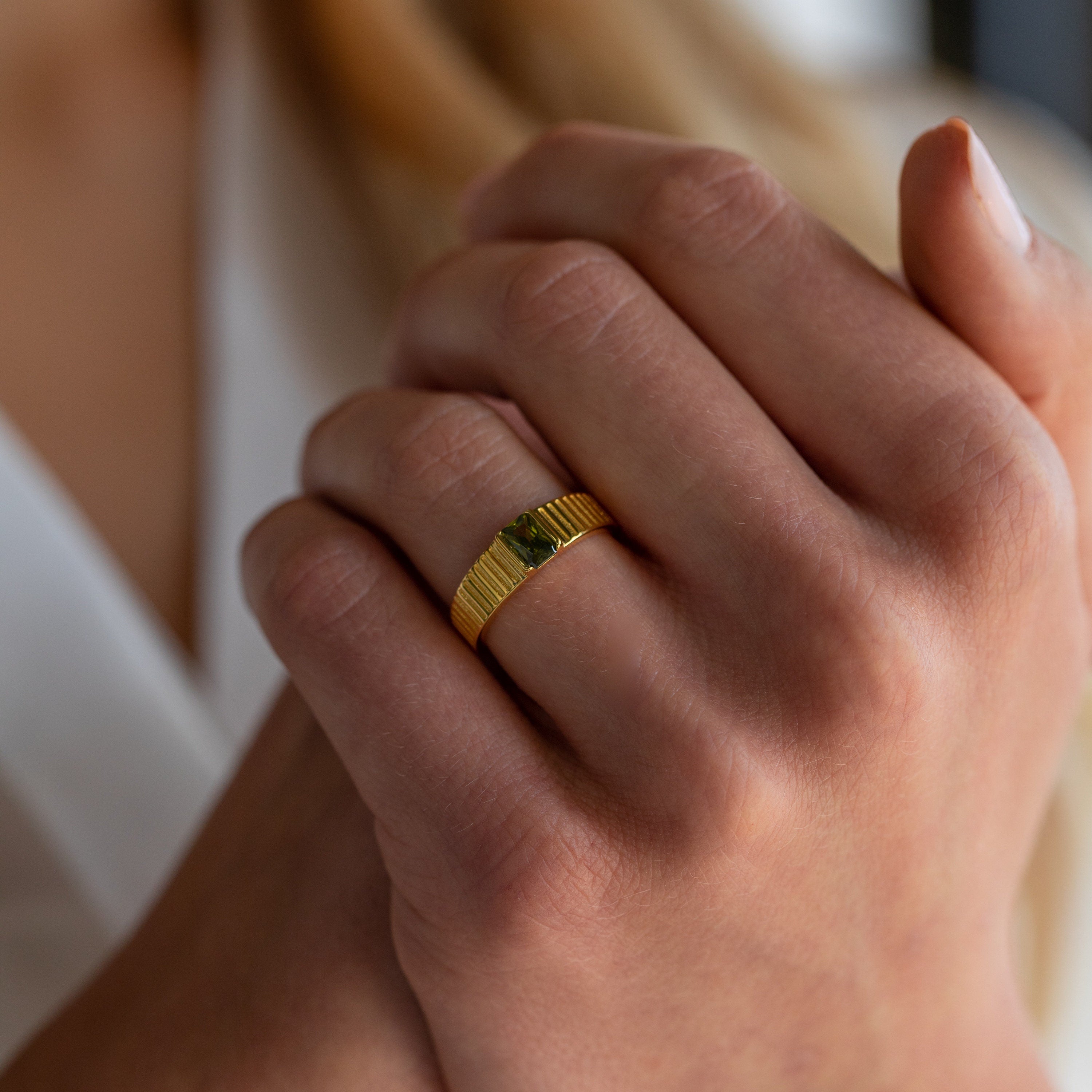 Peridot Statement Signet Ring by Caitlyn Minimalist • Gold Vintage Cocktail Ring with Green Gemstone • Perfect Gift for Mom • RR064