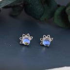 Sterling Silver Moonstone Crown Stud Earrings, Prong Set, Simulated Moonstone Earrings, Minimalist