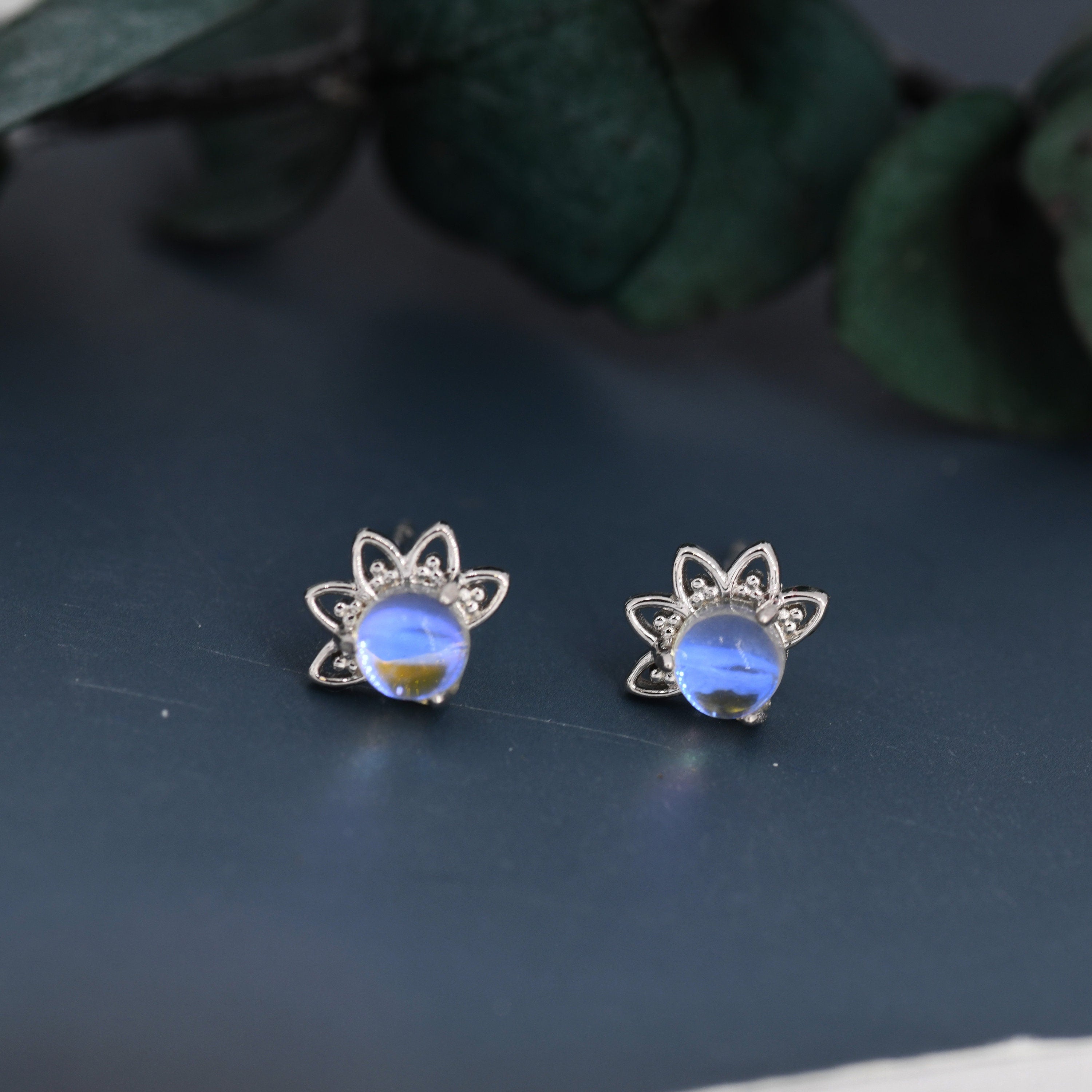 Sterling Silver Moonstone Crown Stud Earrings, Prong Set, Simulated Moonstone Earrings, Minimalist
