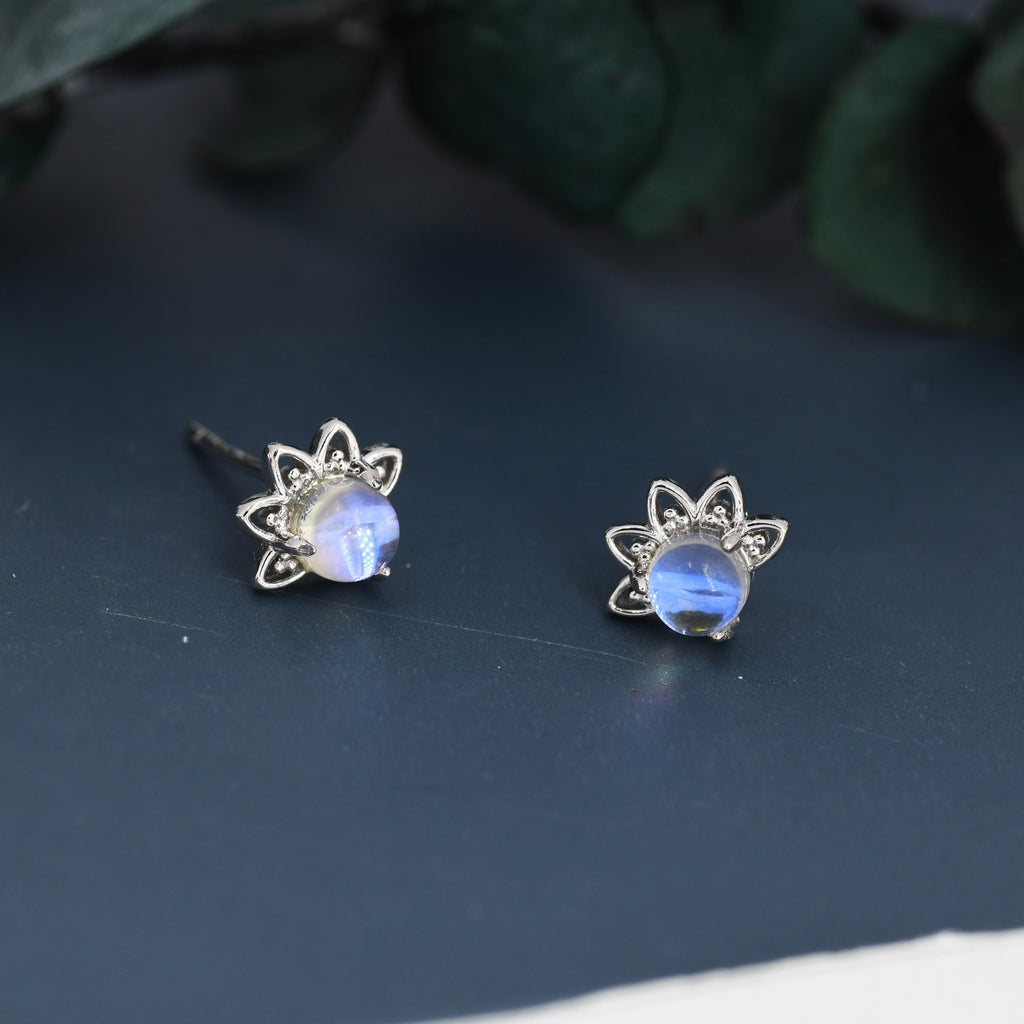 Sterling Silver Moonstone Crown Stud Earrings, Prong Set, Simulated Moonstone Earrings, Minimalist