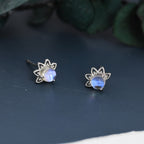 Sterling Silver Moonstone Crown Stud Earrings, Prong Set, Simulated Moonstone Earrings, Minimalist