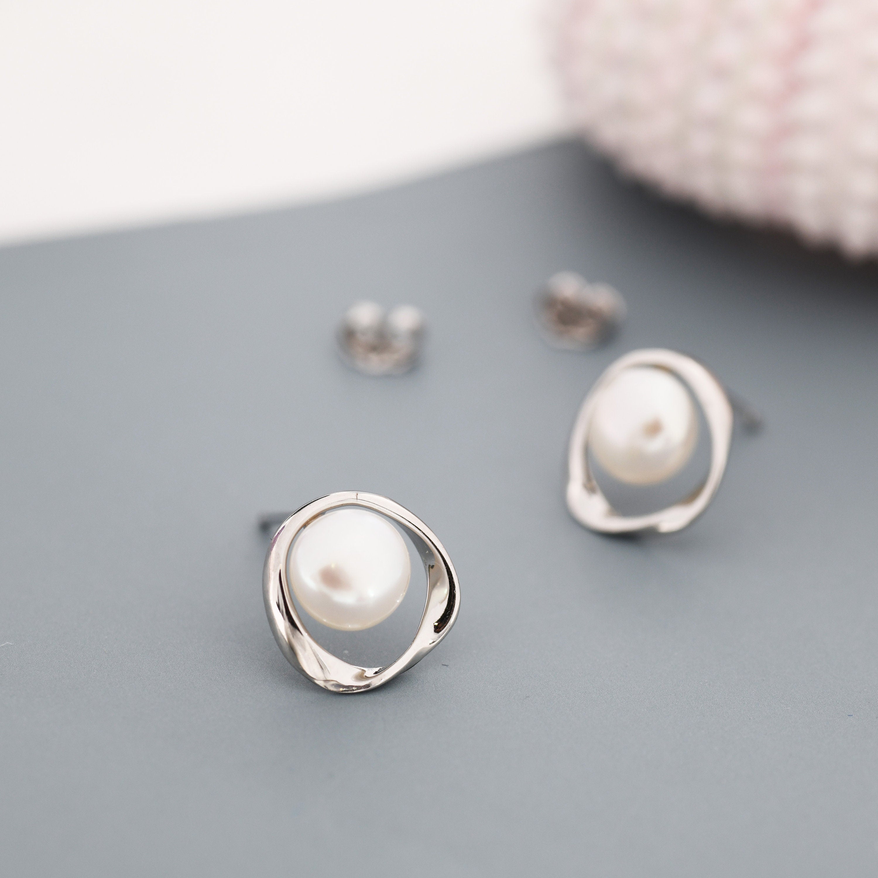 Genuine Freshwater Pearl and Mobius Circle Stud Earrings in Sterling Silver, Delicate Keshi Pearl Halo Earrings,  Genuine Freshwater Pearls