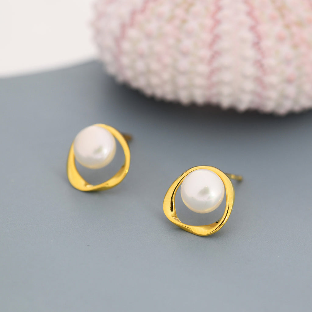 Genuine Freshwater Pearl and Mobius Circle Stud Earrings in Sterling Silver, Delicate Keshi Pearl Halo Earrings,  Genuine Freshwater Pearls