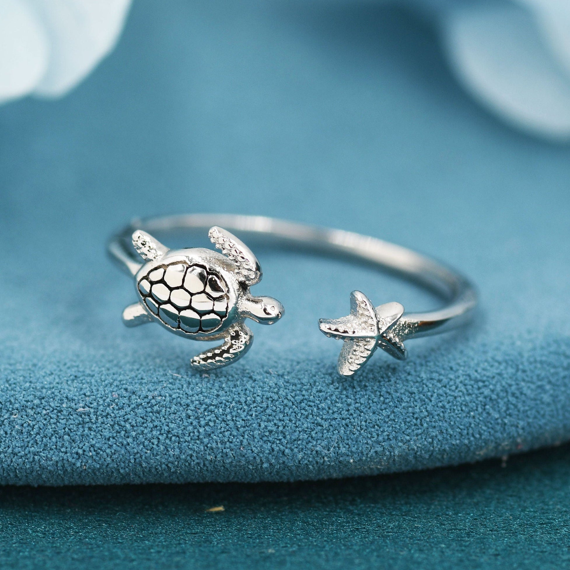 Turtle and Starfish Open Ring in Sterling Silver, Adjustable, Turtle Ring, Starfish Ring, Ocean Inspired, Nature Jewellery, Animal Ring