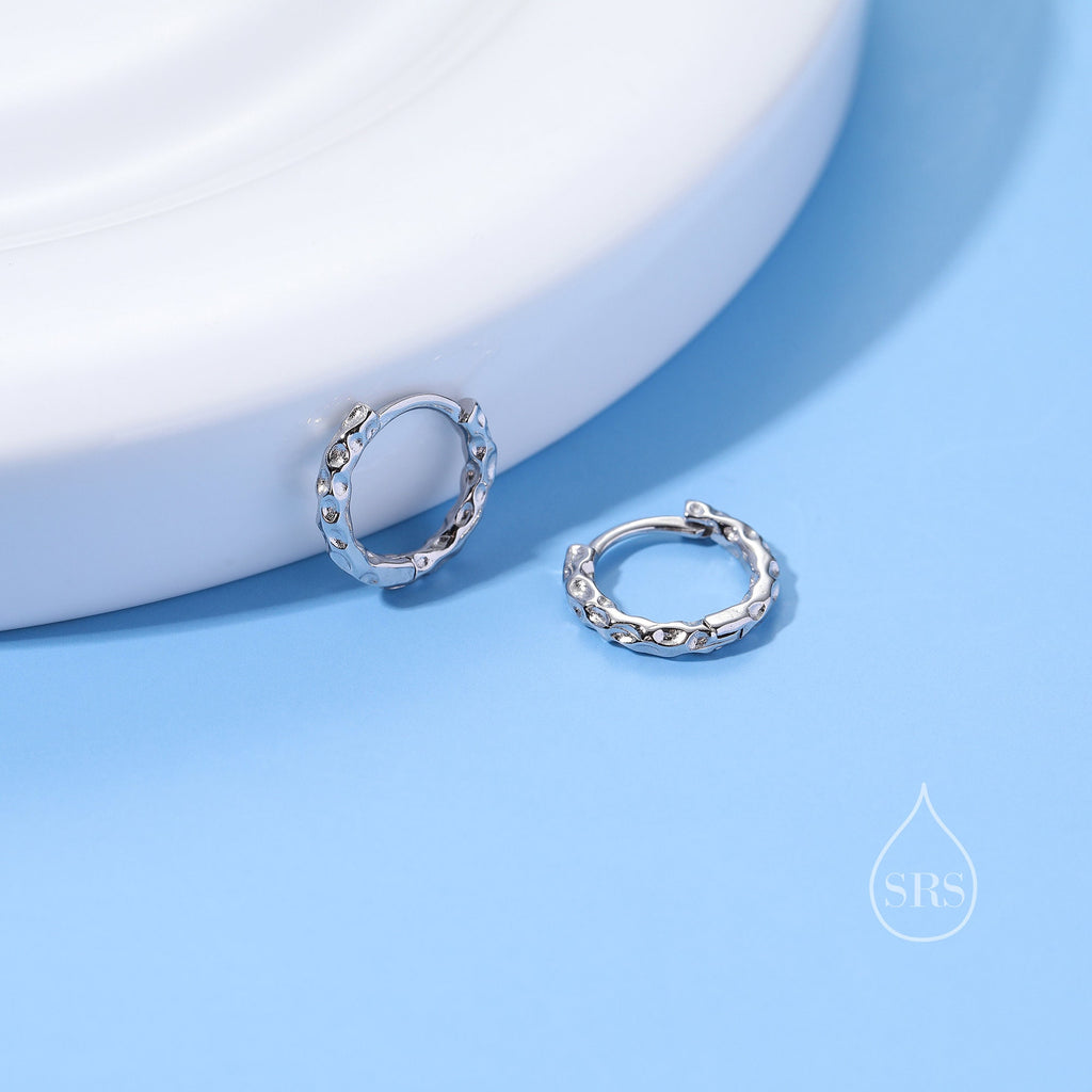 Hammered Huggie Hoop in Sterling Silver, Silver or Gold, 8mm and 10mm Two Sizes, Organic Shape Hoops