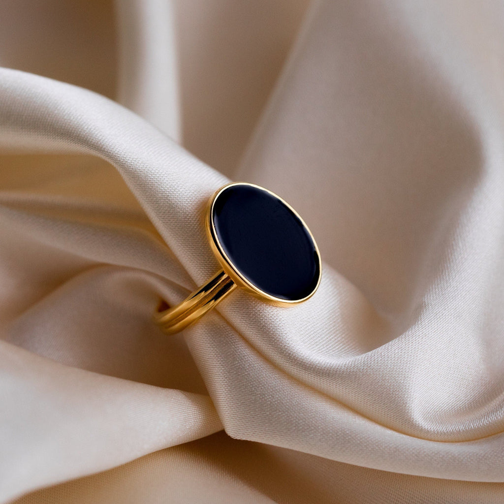 Midnight Hour Onyx Oval Ring by Caitlyn Minimalist • Vintage Inspired Black Stone Ring with Adjustable Band • Grandma Gift • RR063