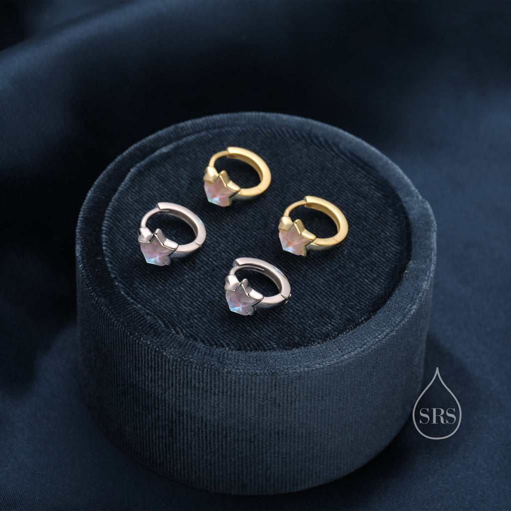 Moonstone Star Huggie Hoop Earrings in Sterling Silver, Silver or Gold, Simulated Moonstone Star Hoops, Celestial Earrings, Star Earrings