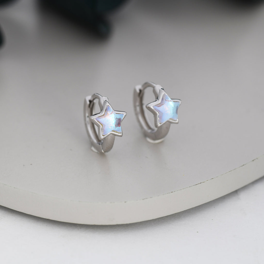 Moonstone Star Huggie Hoop Earrings in Sterling Silver, Silver or Gold, Simulated Moonstone Star Hoops, Celestial Earrings, Star Earrings