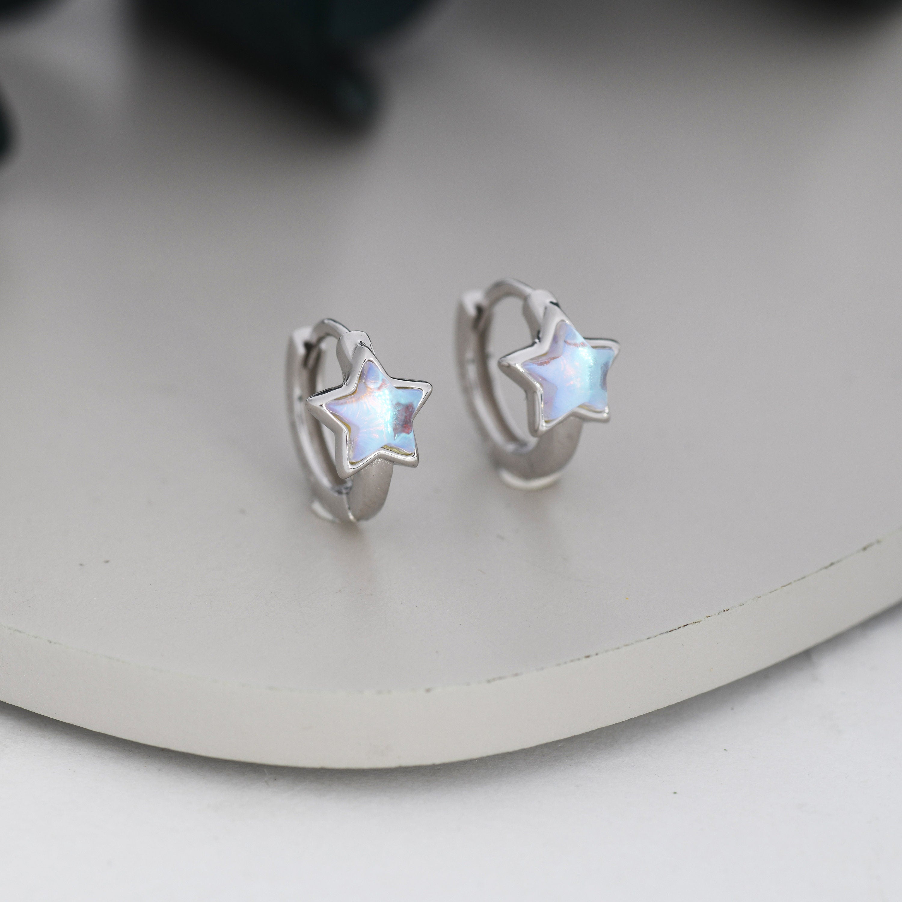 Moonstone Star Huggie Hoop Earrings in Sterling Silver, Silver or Gold, Simulated Moonstone Star Hoops, Celestial Earrings, Star Earrings