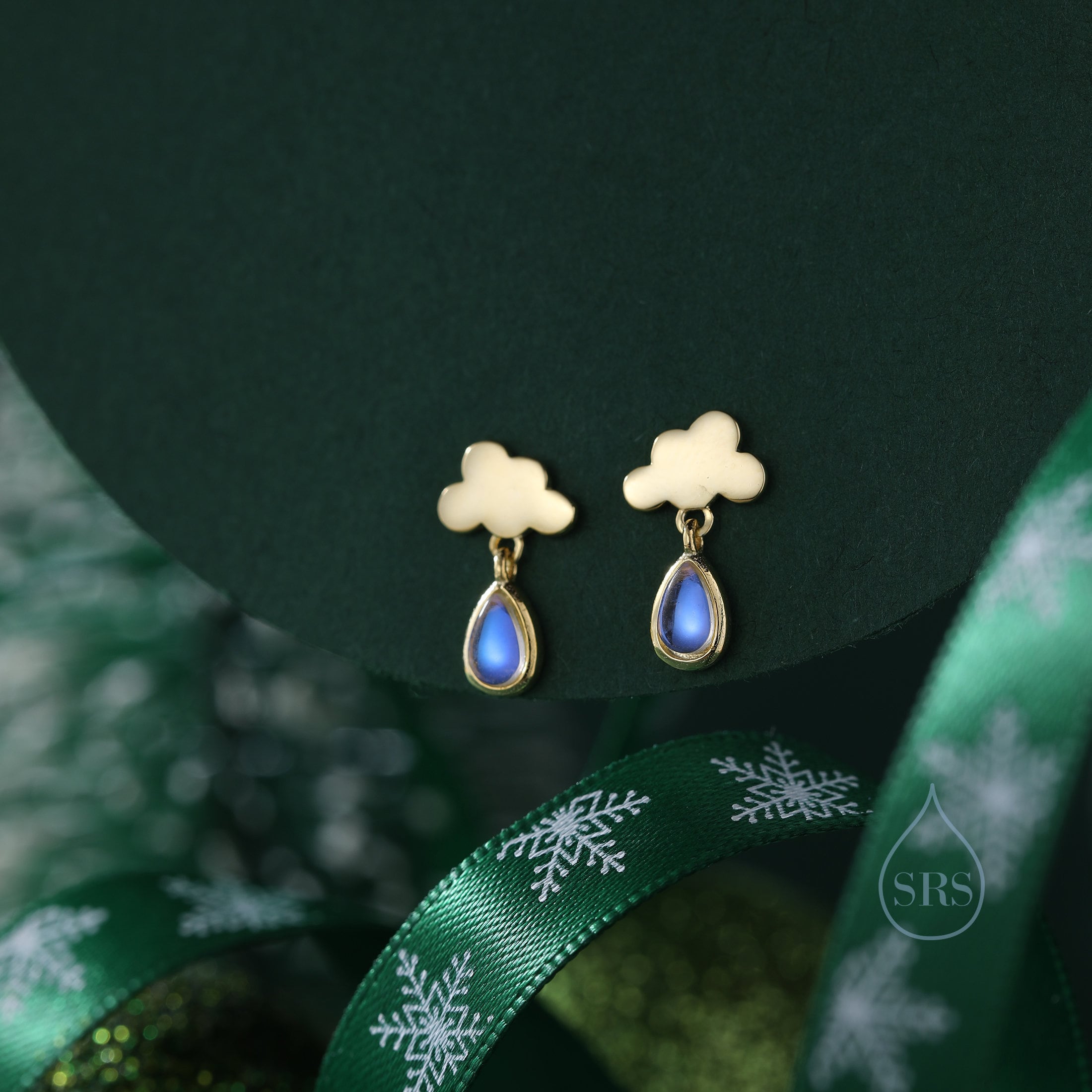 Dainty Cloud and Moonstone Raindrop Stud Earrings in Sterling Silver, Silver or Gold, Cloud Earrings, Moonstone Droplet Earrings
